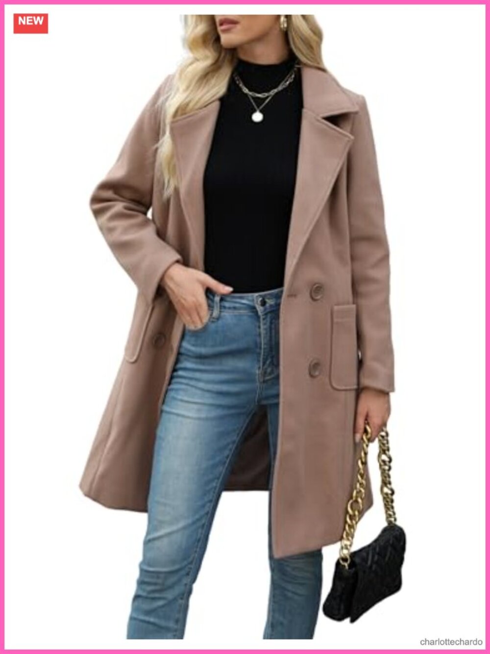 Women Winter Wool Blend Mid-Long Double-Breasted Pea Coat Camel